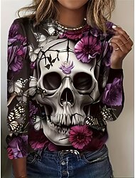 Halloween Kvinna T-shirt Skallar Långärmad Crew Neck Långärmad Tunika Tee Tryck Lila Vår Höst Förfall