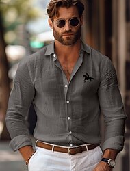 Férfi vászon ing Ló Szabadtéri Vakáció Fehér Arcpír rózsaszín Lóhere Szürke Hosszú ujj Hajtóka Tavasz Ősz Ruházat Begombol