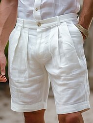 Men's Shorts Linen Shorts Dress Shorts Summer Shorts Pleated Shorts Pocket Pleats Straight Leg Plain Comfort Breathable Knee Length Formal Work Daily Fashion Streetwear Black White Inelastic