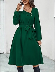 Women's Plain Dress Midi Dress Lace up Button Casual Lapel Long Sleeve Black Blue Green Color