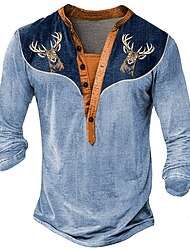 Herr Halloween Hjort Henleytröja Långärmad 3D-tryck Dagligen Etnisk Fest Gata Ledigt Vinter Vår & Höst Blå Orange Grå Henley Henley T-shirt