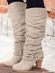 Women's Beige Slouchy Knee-High Boots with Buckle and Stud Accents, Vintage Western Style for Fall and Winter Casual Wear