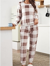 Women's Pajamas Sets Grid / Plaid Fashion Plush Comfort Home Daily Bed Fleece Breathable Crew Neck Long Sleeve Pant Elastic Waist Fall Winter