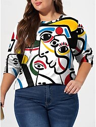 maiuri de damă plus mărime tricou tricou imprimeu abstract cu mânecă lungă decolteu ocazional zilnic toamnă iarnă alb roz