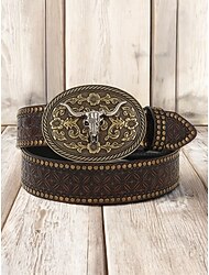 Western-Gürtel aus Kunstleder für Herren mit eingraviertem Blumenmuster und Bullenschädel-Schnalle – Cowboy-Gürtel im Vintage-Stil für Rodeo und Freizeit