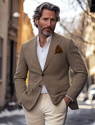 Per uomo Giacca blazer Giacca Sportiva Colletto ad incastro Moda Casual Pied-de-poule Blazer Marrone Vestibilità su misura Monopetto Due Bottoni