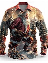 クリスマス メンズ サンタクロース プリント シャツ サンタクロース カジュアル ボタンアップ 長袖 パーティー イブニング デイリー 秋 冬 春&amp;夏用カラーボタンアップ 3Dプリント 薄手レッドポリエステル