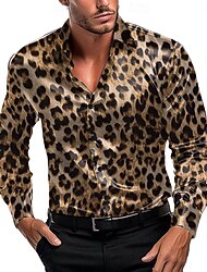 Herr Leopardtryck Casual skjorta Knapp upp skjorta Långärmad Mode Casual Fest Ledigt Vår Höst Vinter Hög krage Mörkgul