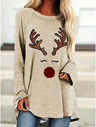 Maglietta da donna a maniche lunghe Tunic Top stampa renna a maniche lunghe con scollo rotondo beige casual abbigliamento festivo taglie comode prefestivo