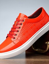 Zapatillas deportivas con cordones de color rojo brillante para hombre con estampado geométrico, elegantes zapatos casuales para eventos de moda y ropa de calle.