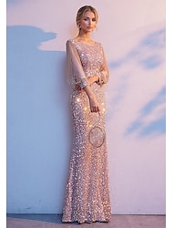 Mermaid Evening Gown Elegant Dress Formal Wedding Floor Length 3/4 Length Sleeve Jewel Neck Sequined with Glitter Tassel