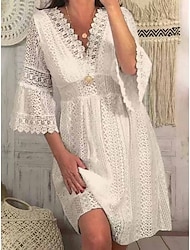 Dámské Mini šaty Bílé šaty Krajkové šaty Volnočasové šaty Boho šaty Na běžné nošení Sporty a outdoor ulice Běžný Bez vzoru 3/4 délka rukávu Do V Bílá Meruňková Léto Jaro Podzim
