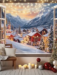 χριστουγεννιάτικα διακοσμητικά κρεμαστά ταπισερί θέα παράθυρο τοίχου χριστουγεννιάτικη μεγάλη ταπετσαρία τοιχογραφία διακόσμηση φωτογραφία σκηνικό κουβέρτα κουρτίνα σπίτι υπνοδωμάτιο διακόσμηση