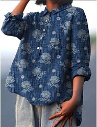 Women's Shirt Linen-Inspired Shirts Long Sleeve Shirt Collar Red Navy Blue Blue Spring &  Fall