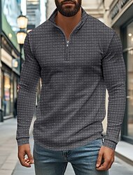 Men's Waffle Polo Shirts Quarter Zip Polo Daily Holiday Quarter Zip Long Sleeve Fashion Modern Plain Spring &  Fall Regular Fit Black White Wine Khaki Light Grey Army Green Waffle Polo Shirts