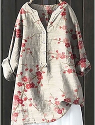Women's Shirt Linen-Inspired Shirts Long Sleeve V Neck Red Green Gray Spring Fall