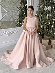 Bloemenmeisjesjurk Voor meisjes Eerste Communie Jurk Feestjurk Prestatie Bruiloft Feest Prinses Zoet Netstof Effen Kleur Mouwloos Strakke ronde hals Wit Ivoor Kinderen