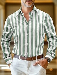 Herren Hemd leinenhemd Hemd aus Baumwollleinen Sommerhemd Oberhemd Gestreift Geschäft Casual Gelb Rosa Marineblau Grün Langarm Umlegekragen Frühling & Herbst Bekleidung Button-Down