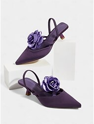lila Slingback-Brautschuhe aus Satin für Damen mit Rosenblütendetail, spitzer Spitze und niedrigem Absatz – elegante Brautschuhe mit Absatz für Hochzeiten und formelle Anlässe