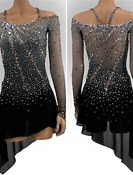 Figure Skating Dress Women's Girls' Ice Skating Dress Black Asymmetric Hem Mesh High Elasticity Training Competition Skating Wear Classic Crystal / Rhinestone Long Sleeve Ice Skating Figure Skating