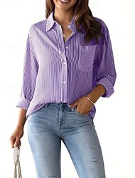 Dames Overhemd Blouse Gestreept Basic Casual Lange mouw Overhemdkraag Normale tops Dagelijks Knop Afdrukken Blozend Roze blauw Paars Grijs Zomer Lente
