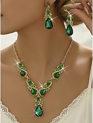 Damen-Schmuckset mit grünem Kristall, Halskette in Tropfenform und passenden Ohrringen, eleganter Stil für Hochzeiten und formelle Anlässe