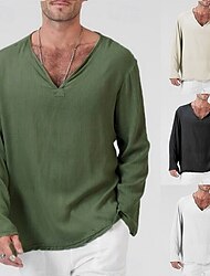 Men's Linen Shirt T Shirt Tee Long Sleeve Shirt Long Sleeve V Neck Summer Spring &  Fall Striped Vintage Fashion V Neck Work Office / Career Casual Black White Green Top Tee for Men