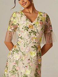 Φόρεμα Floral Δαντέλα A-Line Εμπλουτισμένο Φόρεμα Γάμου Παραλίας Επίσημου Μητέρας της Νύφης ΕElegant Vintage V Σχήμα Μήκος Ίσου Τούλι Σύντομο Μανίκι με Εφαρμογές Λουλούδι