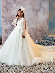 Kids Girls' First Communion Dress Party Dress Solid Color Sleeveless Long Sleeve Performance Wedding Party Mesh Princess Sweet Mesh Mid-Calf Sheath Dress Tulle Dress Summer Spring Fall kids Ivory