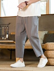 Herren Leinenhose Hose Hosen Sommerhosen Haremshose Tasche Kordelzug Elastische Taille Glatt Komfort Atmungsaktiv Knöchellänge Heim Casual Täglich Modisch Klassicher Stil Schwarz Marineblau