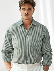 男性用 ストライプシャツ ブラック ブルー グリーン ライトグレー 長袖 ストライプ シャツカラー 学校 結婚式 衣類 コットン１００％ 旅行度假风 ヴィンテージ 中性 ファッション
