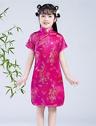 Děti Dívčí Šaty Čínský cheongsam Drak Krátký rukáv Výkon Párty Výšivka Rozkošný Čínské vzory Polyester Nad kolena Cheongsam šaty Léto Jaro 4 roky + Černá Žlutá Světlá růžová