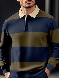 Men's Stripes Rugby Polo Long Sleeve Polo Shirts Collared Shirts Casual Outdoor Athleisure 3D Print Spring Fall Winter Red Blue Brown