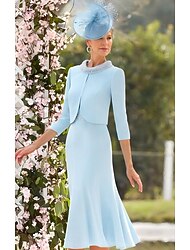 Šaty Společenský oblek K lýtkům Šaty pro svatební hosty Šaty pro matku nevěsty 3/4 délka rukávu Stojáček Klenot Elegantní Vinobraní Formální Svatební host Strečová látka s Krajka Perličky