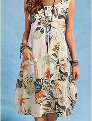Mulheres Vestido midi Vestido casual Elegante à moda Básico Férias Diário Normal Floral Sem Manga Gola Redonda Amarelo Vermelho Azul Marinha Verão Primavera