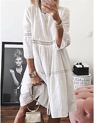Dames Lange jurk maxi-jurk Jurken van katoen en linnen Casual jurk Elegant Stijlvol Basic Vakantie Dagelijks Ruim Passend Effen 3/4 mouw Strakke ronde hals Wit Geel blauw Paars Zomer Lente Herfst