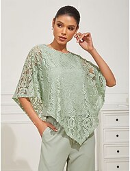 Dam Blus Dressiga toppar Spets Lappverk Multi lager Slät Elegant Halvlång ärm Rund hals Vanliga toppar Dagligen Bröllopsgäst Salvia grön Sommar Vår