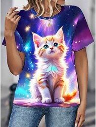 Damen T Shirt Katze Brautkleider schlicht Kurzarm Rundhalsausschnitt Normale Oberteile Täglich Bedruckt Purpur Sommer