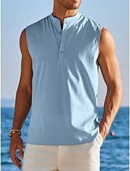 Męskie lniana koszula Bezrękawnik Koszula Henley Kamizelka Top Bez rękawów Henley Lato Równina Moda Designerskie Mięsień Guziki Na zewnątrz Wyjściowe Siłownia Czarny Biały Granatowy Top Tee dla