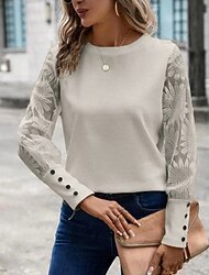 Kvinnors vita eleganta spetsblusar öljett blus klädda toppar eleganta spetsknappar långa ärmar rund hals dagliga romantiska petite toppar sommarsemester rosa khaki sommar halvformella blusar
