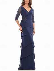 A-Line Klänning Mor till bruden Klänning Formell Elegant V Hals Golvlängd Chiffon 3/4 Längd Ärmar med Tier Kaskad Volanger Enfärgad