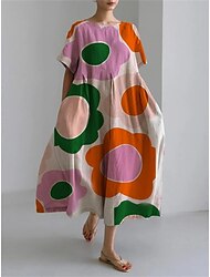 Pentru femei Rochii Midi Rochii inspirate din in Rochie casual Rochie din in bumbac Elegant Stilat Casual Vacanță Zilnic Dată Potrivire Largă Grafic Manșon scurt Stil Nautic Portocaliu Vară Primăvară