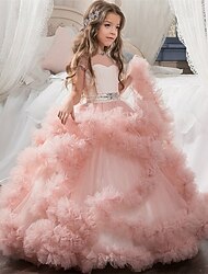 Bloemenmeisjesjurk kinderen Voor meisjes Prinses jurk Prestatie Bruiloft Feest Elegant Mooi Netstof Effen Kleur Mouwloos Schouderafhangend Wit Blozend Roze 4 jaar +