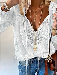 Damen Hemd Boho-Shirt Bluse Feste Farbe Stilvoll Brautkleider schlicht Langarm V Ausschnitt Normale Oberteile Täglich Spitze Patchwork Schwarz Weiß Rosa Beige Sommer Frühling