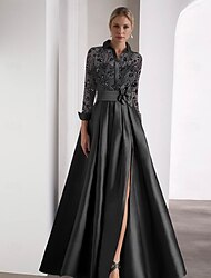 A-Linie Na zem Korálkový výšivkový Šaty pro svatební hosty Formální šaty Šaty pro matku nevěsty Dlouhý rukáv Košilový límec Elegantní Vinobraní Vysoký split Formální Svatební host Satén s Třpytky