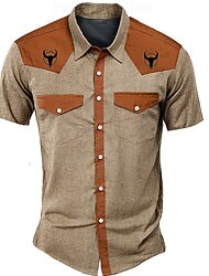 Men's Solid Color Color Block Western Shirt Short Sleeve Western Sports Outdoor Summer Turndown Button Up 2 Pockets Blue Black Beige