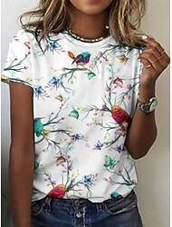 Women's T Shirt Floral Animal Elegant Bohemia Vintage Short Sleeve Round Neck Regular Tops Daily Weekend Print Pearl Summer