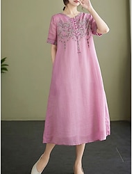 Women's Midi Dress Cotton Linen Dresses Casual Dress Basic Casual Vacation Casual Daily Regular Fit Graphic Short Sleeve Crew Neck Pink Blue Summer Spring