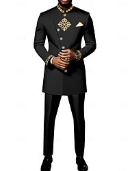 Herr Africa Festival Festdräkter Svart Vit Solid färg Standardpassform 2 delar set Singelknäppt Fler Knappar
