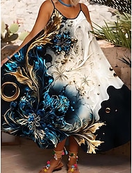 Dames Halflange jurk Zonnejurk Zomerjurk Slipdress Fit And Flare-jurk Vakantie Casual Boho Koude schouder Vakantie Feest Casual Extra groot Bloemig Grafisch Mouwloos Bandje Wit Lichtgroen Licht Paars